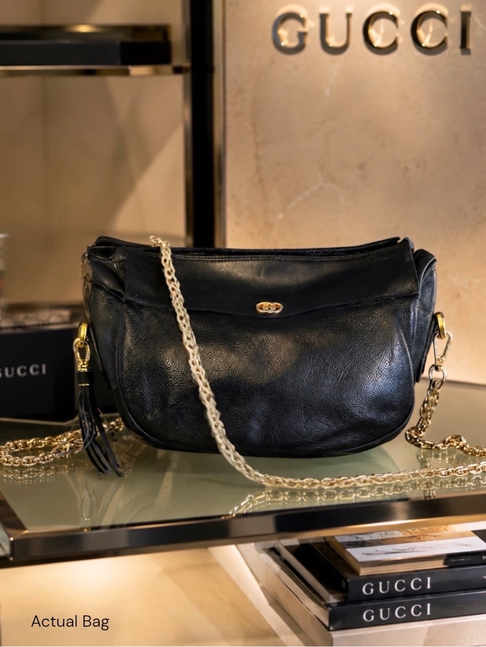 Authentic Vintage Gucci Black Leather Shoulder Bag-Gold Chain-GG Logo Tassel